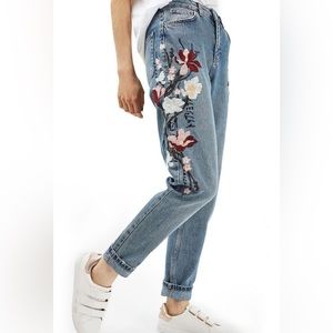 Topshop Blue Floral Embroidered Straight Leg Jeans